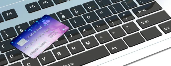 Tarjeta de crédito en un teclado de computadora para compras en línea. ilustración 3d —  Fotos de Stock