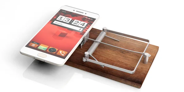 Beyaz arka plan üzerinde izole bir fare kapanı smartphone. 3D çizim — Stok fotoğraf