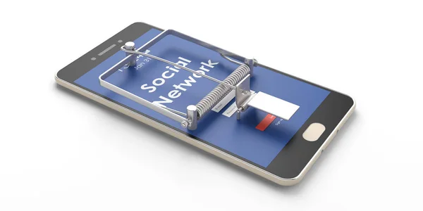 Sociala nätverk. Smartphone mus fälla isolerade på vit bakgrund. 3D illustration — Stockfoto