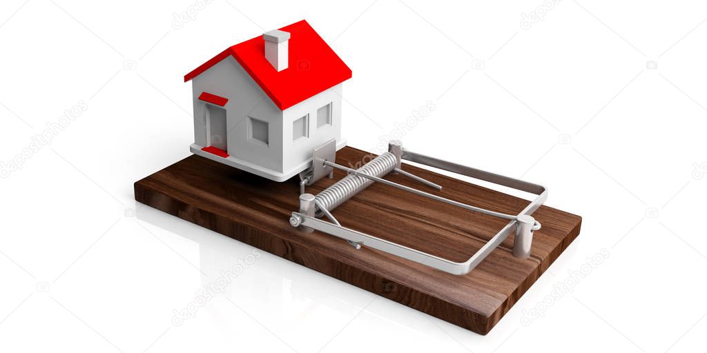 Real estate loan trap. House on a mouse trap isolated on white background. 3d illustration
