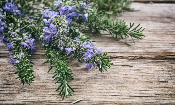 Färsk blommande rosmarin på ett träbord, kopia utrymme — Stockfoto