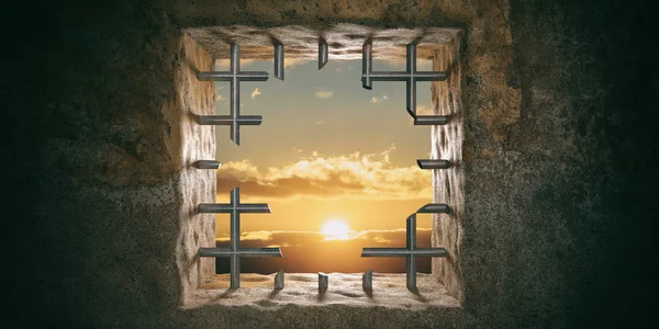 Διαφυγής, ελευθερία. Φυλακή, φυλακή παράθυρο με θέα στο ηλιοβασίλεμα, Ανατολή κομμένα μπαρ. 3D απεικόνιση — Φωτογραφία Αρχείου