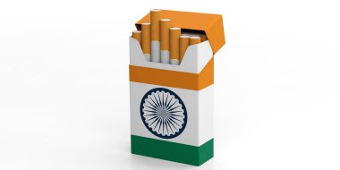 Sigara, Sigara Hindistan. Hint bayrağı üzerinde beyaz arka plan üzerinde izole bir sigara paketi. 3D çizim