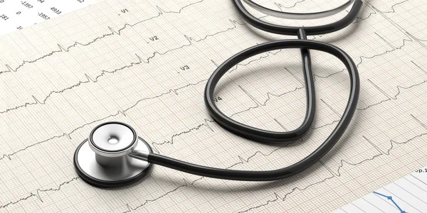Medicinsk hälsokontroll. Stetoskop på kardiogram bakgrund. 3D illustration — Stockfoto
