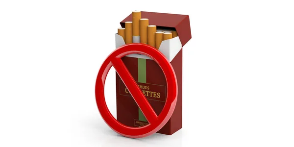 Nem dohányzó jel és a márkanév cigaretta packet elszigetelt fehér background. 3D-s illusztráció — Stock Fotó