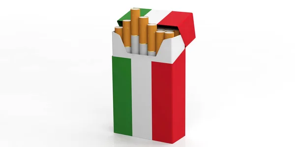 Fumar, cigarros Itália. Bandeira italiana em um maço de cigarros isolado no fundo branco. ilustração 3d — Fotografia de Stock