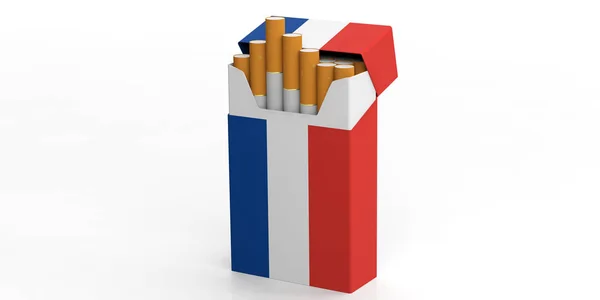 Dohányzás, cigaretta, Franciaország. Francia zászló egy egy doboz cigaretta elszigetelt fehér background. 3D-s illusztráció — Stock Fotó