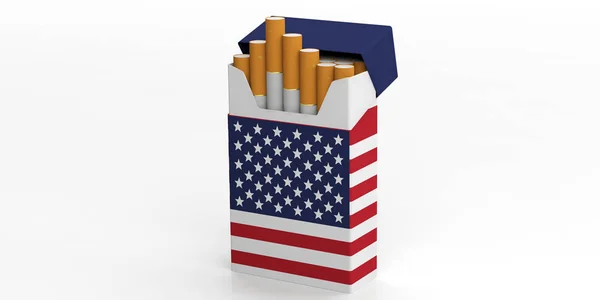 Κάπνισμα, ΗΠΑ τσιγάρα. Ηνωμένες Πολιτείες της Αμερικής σημαία σε ένα πακέτο τσιγάρων που απομονώνονται σε λευκό φόντο. 3D απεικόνιση — Φωτογραφία Αρχείου