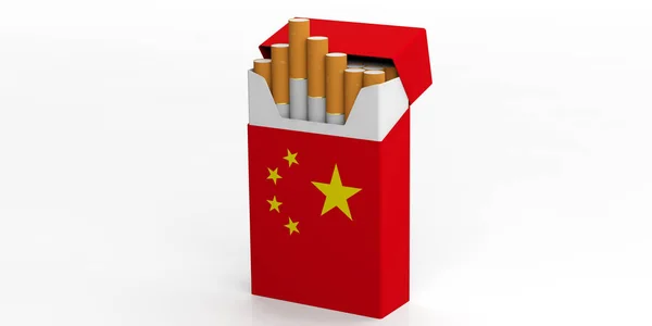 Dohányzás, cigaretta Kína. Kínai zászló egy egy doboz cigaretta elszigetelt fehér background. 3D-s illusztráció — Stock Fotó
