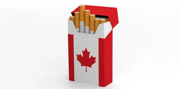 Fumar, cigarros Canadá. Bandeira canadense em um maço de cigarros isolado em fundo branco. ilustração 3d — Fotografia de Stock