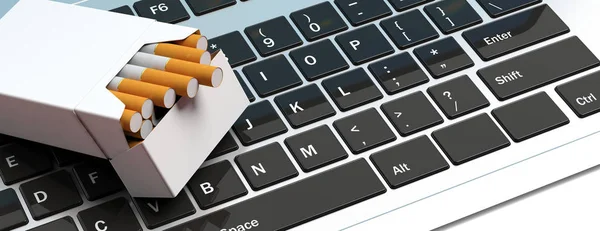 Σε απευθείας σύνδεση τσιγάρα. Κανένα όνομα πακέτου τσιγάρων στο πληκτρολόγιο του υπολογιστή. 3D απεικόνιση — Φωτογραφία Αρχείου