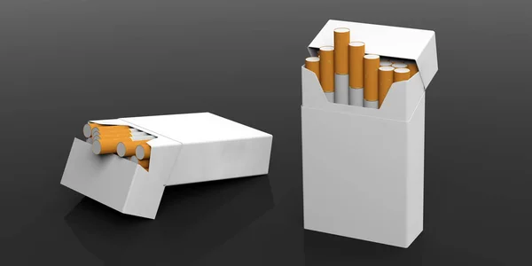 Dohányzás koncepció. Üres, nincs neve cigaretta csomag elszigetelt a fekete háttér, szöveg adható. 3D-s illusztráció — Stock Fotó
