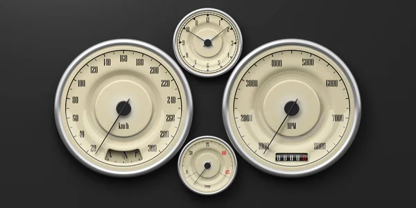 Vintage car gauges isolated on black background. 3d illustration — Stock Photo, Image