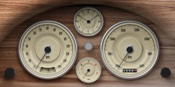Salpicadero de madera vintage con medidores retro. ilustración 3d —  Fotos de Stock