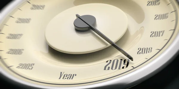 2019 Nieuwjaar. Oldtimers snelheidsmeter gauge close-up detail op zwarte achtergrond. 3D illustratie — Stockfoto