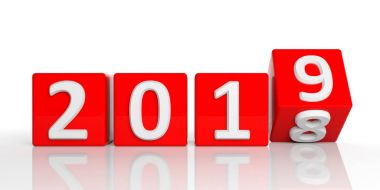 Beyaz arka plan üzerinde izole kırmızı küp üzerinde yeni yıl 2019 rakamlar. 3D çizim