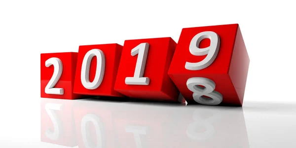 Nieuwjaar 2019 cijfers op rode blokjes geïsoleerd op een witte achtergrond. 3D illustratie — Stockfoto