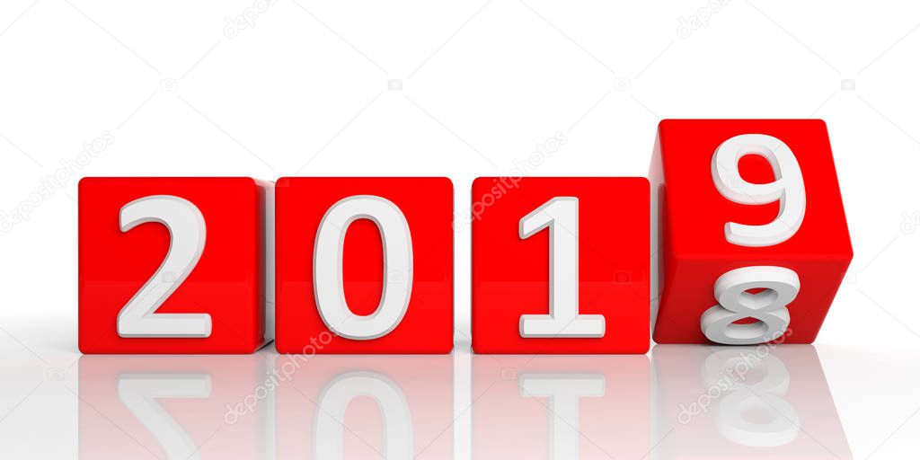 New year 2019 digits on red cubes isolated on white background. 3d illustration