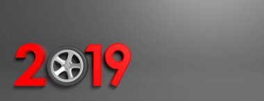 Otomobilin tekerleği izole gri arka plan, afiş, kopya alanı ile yeni yıl 2019. 3D çizim