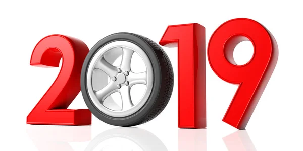 Nieuwjaar 2019 met auto's wiel geïsoleerd op een witte achtergrond. 3D illustratie — Stockfoto