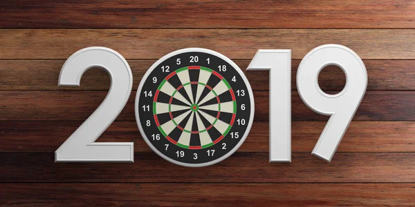 Nytt år 2019, dart på bullseye isolerad på trä bakgrund. 3D illustration — Stockfoto