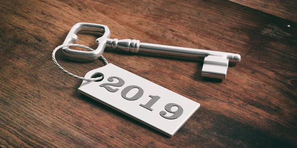 Yıl 2019 etiket üzerinde ahşap arka plan izole anahtarla. 3D çizim