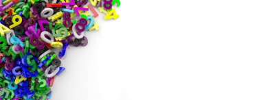 Eğitim, matematik, hesaplama kavramı. Renkli resimler numaraları beyaz arka planda, kopya alanı, banner. 3D çizim