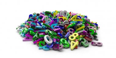 Eğitim, matematik, hesaplama kavramı. Renkli resimler numaraları yığın beyaz arka plan üzerinde izole, banner. 3D çizim