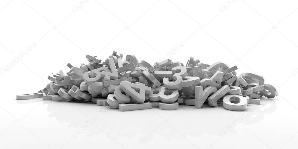 Education, maths, calculation concept. White figures numbers heap isolated on white background, banner. 3d illustration