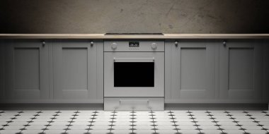 Mutfak dolapları ve dur fırın seramik zemin, önden görünüm. 3D çizim