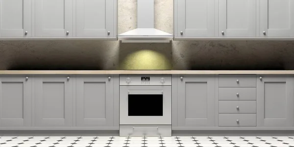 Köksluckor och eletric ugn på keramiska plattor golv, framifrån. 3D illustration — Stockfoto