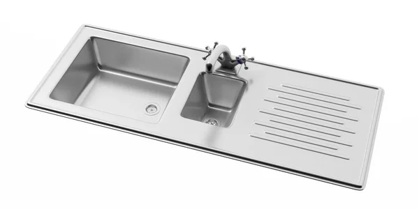 Évier de cuisine en acier inoxydable et robinet d'eau isolé sur fond blanc, vue d'en haut. Illustration 3d — Photo