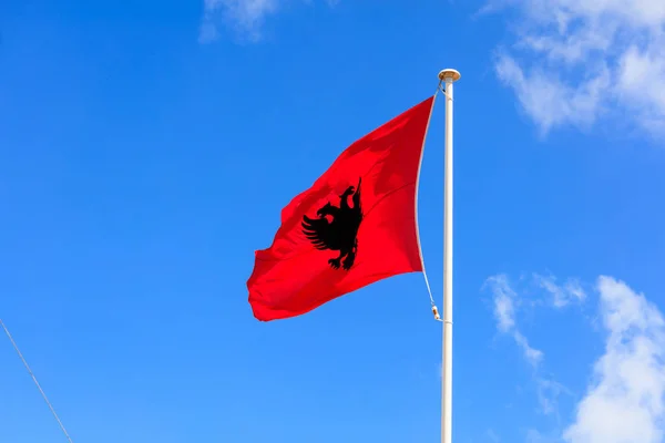 De vlag van Albanië. Albanese vlag op een paal zwaaien op blauwe hemelachtergrond — Stockfoto