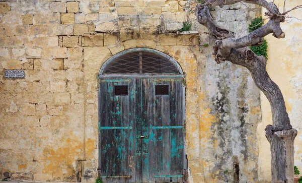 Закрытая старая деревянная дверь на желтой известняковой стене. Мдина, Мальта — стоковое фото