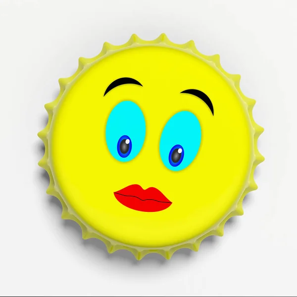 Female emoticon on a yellow beer cap isolated on white background, top view. 3d illustration — Stock Photo, Image