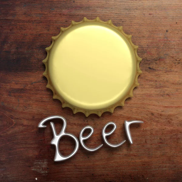 Golden metal beer cap isolated on wooden background, text beer in silver letters, top view. 3d illustration — Stock Photo, Image