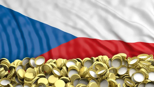 Golden beer caps pile on Czech Republic flag backgroun. 3d illustration