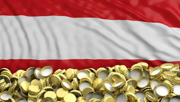 Golden beer caps pile on Austrian flag backgroun. 3d illustration