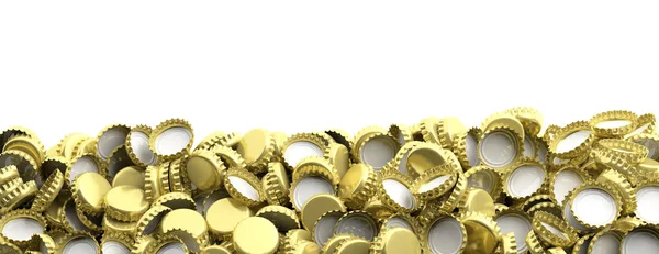 Blank, golden beer caps pile on white background, copy space, banner. 3d illustration — Stock Photo, Image