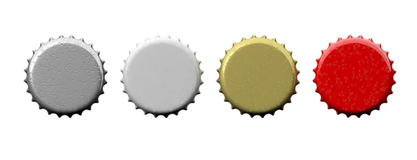 Kleurrijke leeg bier caps geïsoleerd op een witte achtergrond, bovenaanzicht, banner. 3D illustratie — Stockfoto