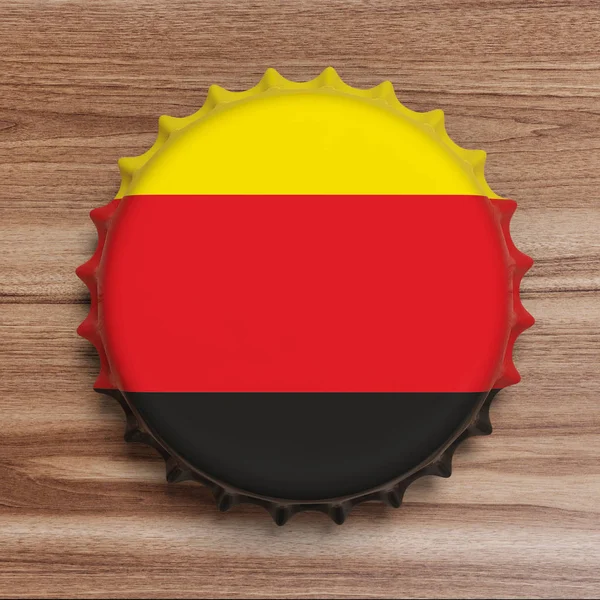 Octoberfest, 德国。啤酒帽与德国国旗的木质背景, 顶部的看法。3d 插图 — 图库照片