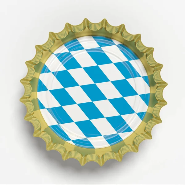 Octoberfest, 啤酒盖帽与巴伐利亚旗子被隔绝在白色背景, 顶面看法。3d 插图 — 图库照片