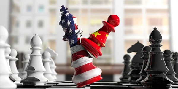 Les USA et la Chine se battent. Le pion d'échecs chinois frappe le roi américain des échecs. Illustration 3d — Photo