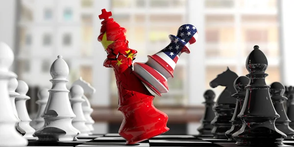 USA and China fight. US America chess pawn hits China chess king. 3d illustration