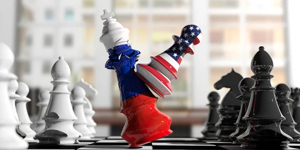 USA and Russia fight. US America chess pawn hits Russia chess king. 3d illustration — Stock Photo, Image