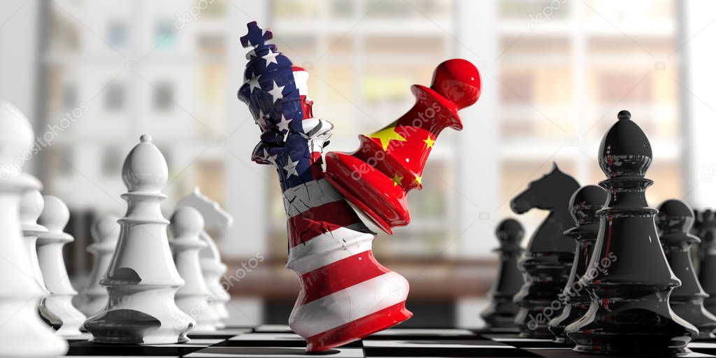 USA and China fight. China chess pawn hits US America chess king. 3d illustration