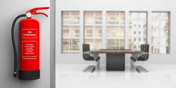 Fire extinguisher on office wall, blur meeting room background. 3d illustration