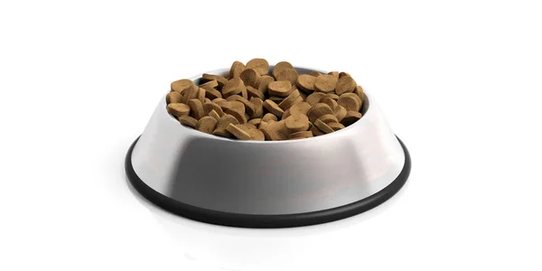 Comida seca de cães em uma tigela de metal isolado em fundo branco. ilustração 3d — Fotografia de Stock
