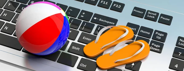Flip flops och badboll på datorns tangentbord. 3D illustration — Stockfoto