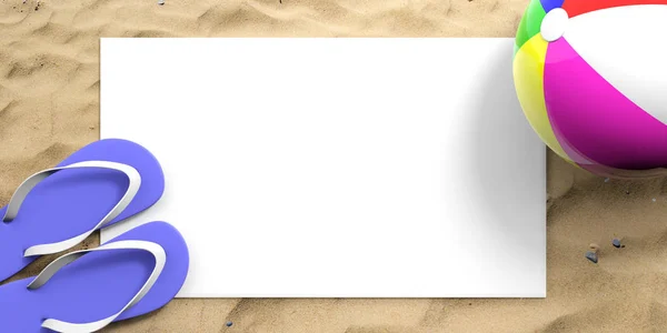 Sommerurlaub am Strand. Flip-Flops und Strandball am Sandstrand, weißes Papier, Kopierraum, Draufsicht. 3D-Illustration — Stockfoto
